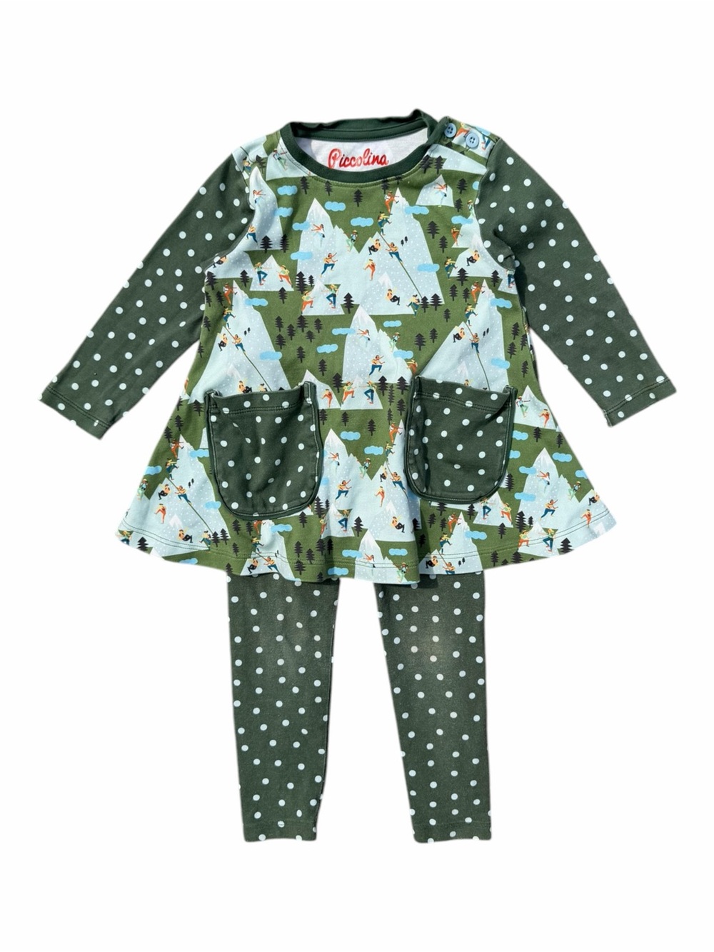 Piccolina Girls Outfit 3T Ski Mountain Leggings Set Green Polka Dot Winter
